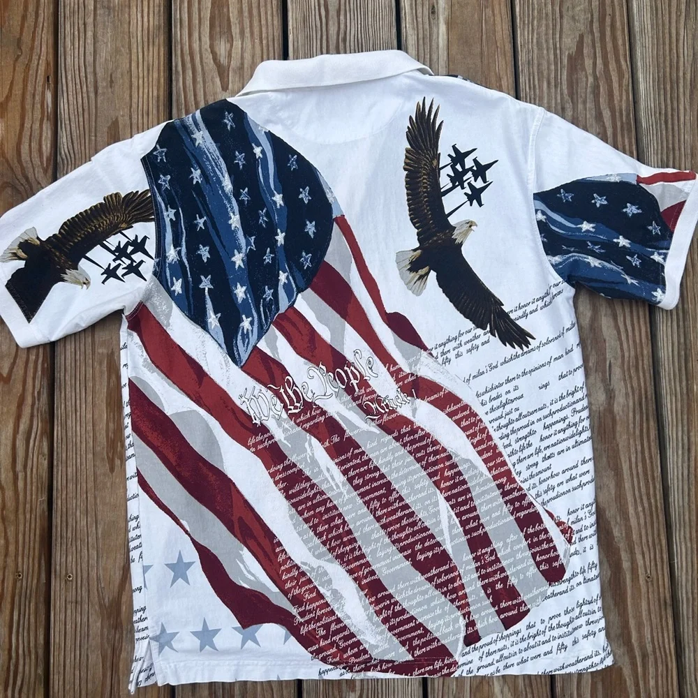 American Summer Polo Mens‎ Large All Over Print American Eagle Constitution USA - Picture 9 of 14